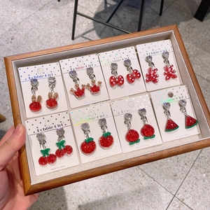 Set of 8 pairs red glitter resin fruit and animal clip-on earrings for girls