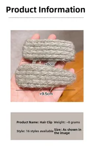Détail de barrettes en tricot gris montrant des dimensions de 8 cm et 9,5 cm et texture douce