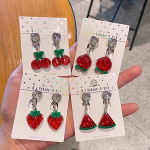 Glittery resin fruit clip-on earrings for kids featuring cherry peach and strawberry