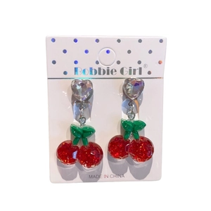 Glittery cherry clip-on earrings with resin fruit charms and heart zircon for girls
