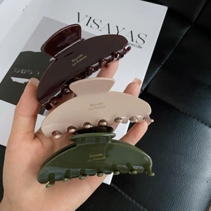 Morandi colored acetate claw clips set in brown beige and green held in hand