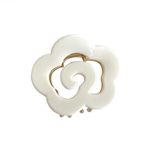 Elegant white flower claw clip with glossy finish and durable gold metal spring