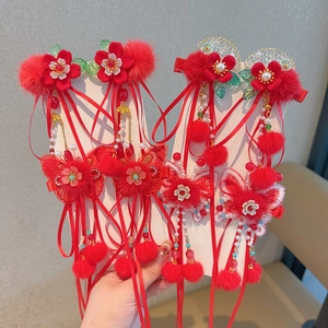Barrettes chinoises traditionnelles rouges pour filles avec broderies et longs pompons