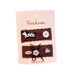 Set of 2 cute dark brown felt hair clips for girls with colorful dog and bow decor