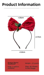 Nahaufnahme des roten Weihnachts-Stirnbands mit Pailletten und Maßen 16cm x 17cm