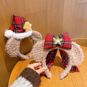 Serre-tête de Noël en Peluche Oreilles de Renne Avec Nœud Plaid Bonhomme de Pain d'épices Bois pour Femme Fête