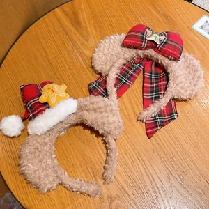 Serre-tête oreilles d'ours de Noël en peluche avec nœud festif et chapeau écossais