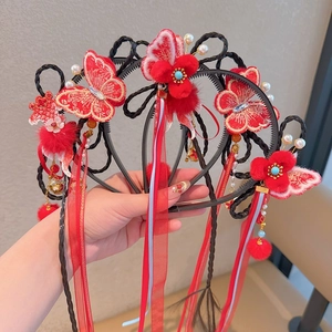 Serre-tête rouge du Nouvel An chinois pour filles avec glands en soie et papillon brodé