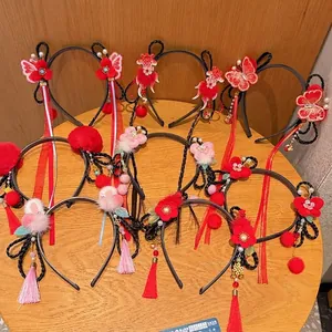 Serre-tête Rouge de Style Chinois Avec Pompons et Perles Artificielles Filles Accessoires de Cheveux Hanfu pour Nouvel An