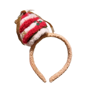 Serre-tête de Noël avec bonnet en peluche rayé rouge et blanc et nœud doré sur base beige