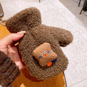 Muffole calde in lana di agnello marrone per bambini con ricamo a forma di toast