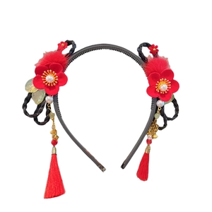 Serre-tête traditionnel chinois de Nouvel An avec fleurs rouges et longs pompons