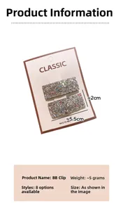 Detail view of sparkly silver rectangle BB hair clips with 5.5cm x 2cm size specifications