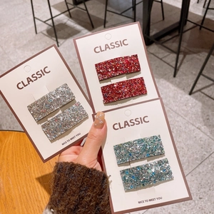 Glittery square hair clips for girls in silver, red and teal blue, set of 2 per card