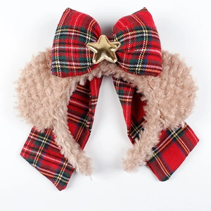 Serre-tête de Noël en peluche avec nœud écossais rouge et étoile dorée festive