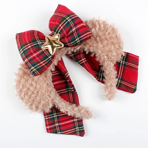 Serre-tête de Noël ShellieMay avec nœud à carreaux rouges et peluche pour animaux