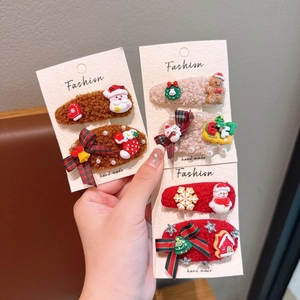 Détails des barrettes de Noël en peluche avec Père Noël et bonhomme de neige sur carte