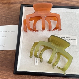 Pinze per capelli in acetato stile francese ambra e verde su un vassoio intrecciato