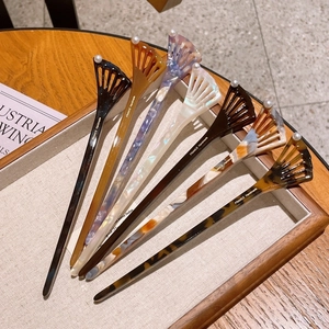 Vintage Cellulose Acetate Fan Shaped Hair Stick With Faux Artificial Pearl Marble Tortoiseshell Pattern Hair Pin Elegant For Women