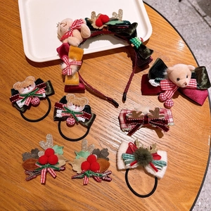 Cute Christmas Bear Antler Hair Clip For Girls Handmade Bowknot Plush Hairband Festive Reindeer Pom Pom Hair Ties Jewelry