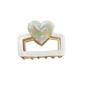 Elegant 6cm heart shark clip with green floral marble pattern on a golden frame