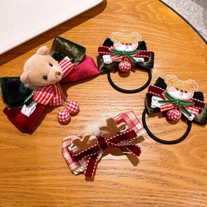 Christmas hair accessories set with bear embroidery, reindeer antlers, and bows
