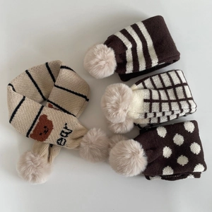 Écharpe Tricotée Enfant Hiver Chaud Cache-Cou Bébé Mode Coréenne Ours Pois Grille Écharpes Avec Pompons