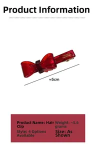 Detailed view of a 5cm red acetate bow hair clip showing exact size and weight metrics