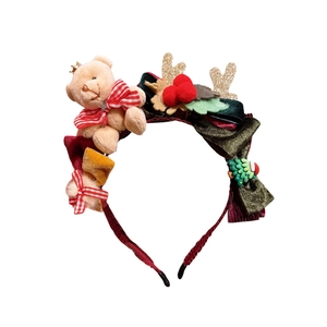 Christmas bear headband with reindeer antlers, berries and velvet bow for girls