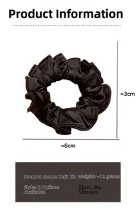 Detailed size specifications of the 8cm black satin scrunchie with 3cm band width