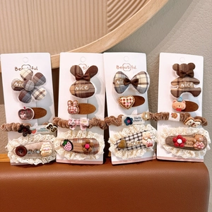 Plaid Bowknot Hair Clip Hair Ring Set For Kids Girls Cute Bear Rabbit Pattern Fabric Lace Hair Accessories Daily Decoration