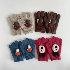 Toddler knitted five-finger gloves in four colors with cute 3D mushroom and panda dolls