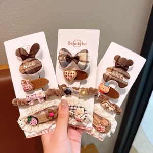 Cute brown fabric hair clips and scrunchies set with rabbit and bear bow designs