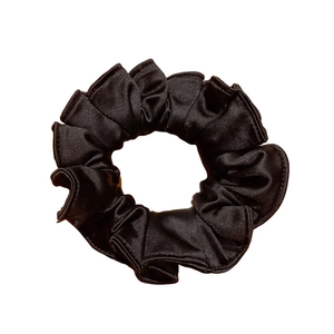 Elastic black satin scrunchie with ruched design for elegant ponytail and hair styling