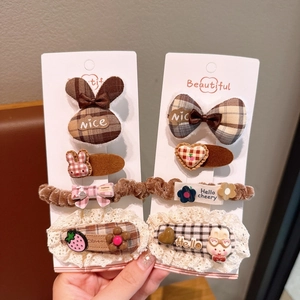 Brown plaid bow hair clips and scrunchies set with cute rabbit and lace details