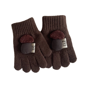 Kids warm knitted gloves in dark brown with cute 3D mushroom applique for winter