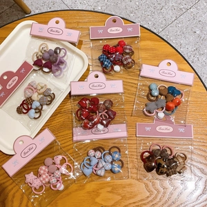 Set of 6 bags of cute floral plaid hair ties for girls with diverse fabric button ornaments