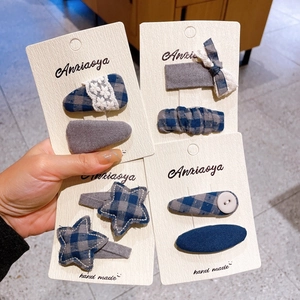 Blue plaid hair clips set with lace and stars on card for children and girls