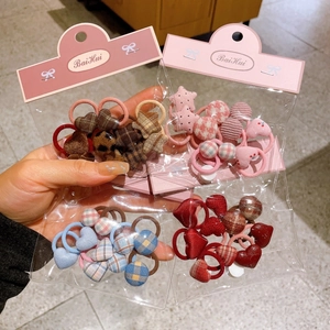 Cute Korean style plaid button flower hair tie set for girls in multiple colors and patterns