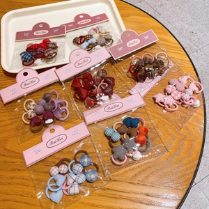 Cute Korean Style Fabric Plaid Heart Star Button Hair Ties For Girls Handmade Geometric Pattern Daily School Hair Accessories