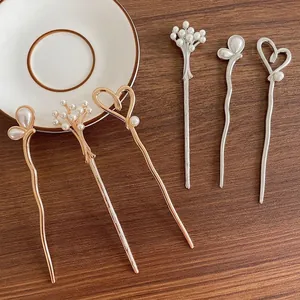 Vintage Chinese Style Alloy Faux Artificial Pearl Hair Stick Elegant Heart Bud Bouquet Gold Silver Metal Hairpin For Women Accessory