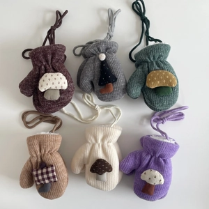 Warm knitted neck-hanging gloves for kids with mushroom tree patches in six colors