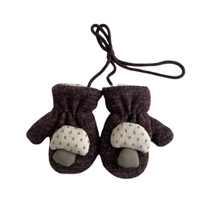 Thick knitted kids mushroom gloves with neck strap for winter warmth in dark brown
