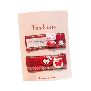 Rote karierte Stoff-Haarspangen Set mit Hello Kitty Figuren und Perlenbesatz