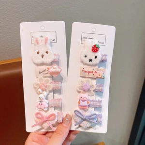Détails d'un ensemble de 5 barrettes mignonnes pour enfants avec lapins en peluche et fleurs