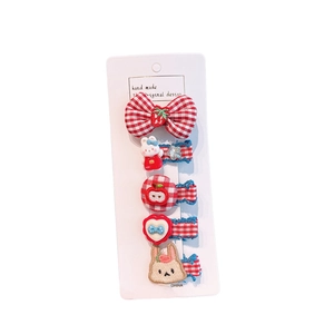 Lot de 5 barrettes cheveux enfant à carreaux rouges avec motifs lapin et noeud
