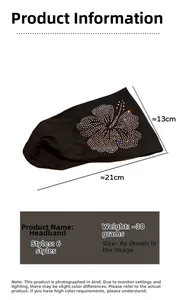 Detail view of rhinestone flower headband with dimensions 21cm x 13cm and 30g weight