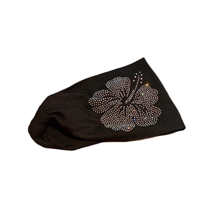 Wide black fabric headband with colorful rhinestone hibiscus floral pattern design
