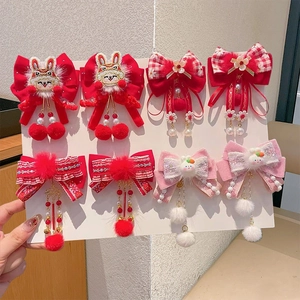 8-teiliges chinesisches Neujahr Haarspangen-Set mit roten Schleifen und Quasten für Mädchen