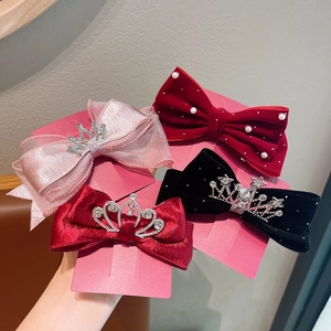 Enfants Rouge Grand Nœud Pince à Cheveux Strass Couronne Künstliche Perle Velours Satin Gaze Princesse Épingle à Cheveux Filles Anniversaire Fête Accessoires Cheveux